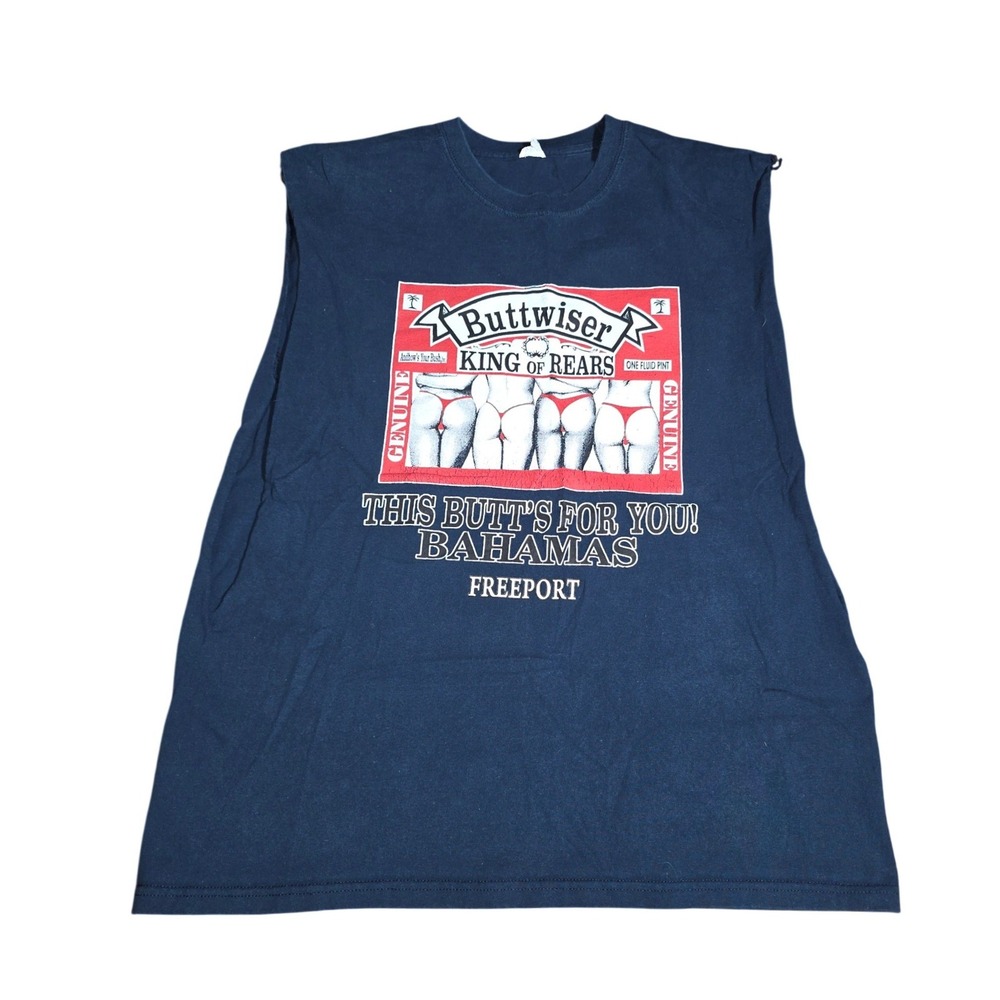 Buttwiser King of Rears Bahamas Freeport Sleeveless T-Shirt Mens Large Navy Blue